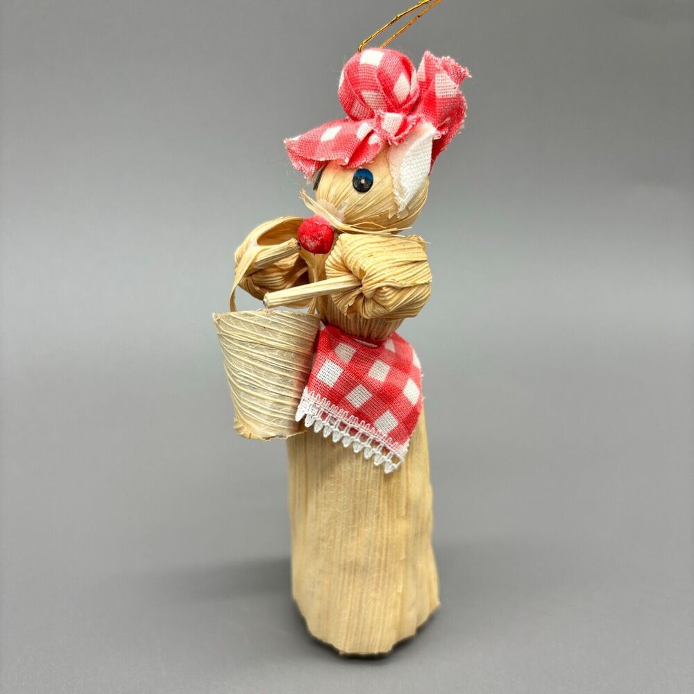 Corn Husk Doll Christmas Ornament Mouse Lady Red Gingham Apron / Hat Basket 5 in